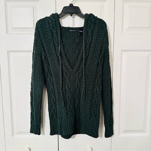 Moda International Sweater Womens L Green Hood Cable Knit Cotton Pullover Chunky